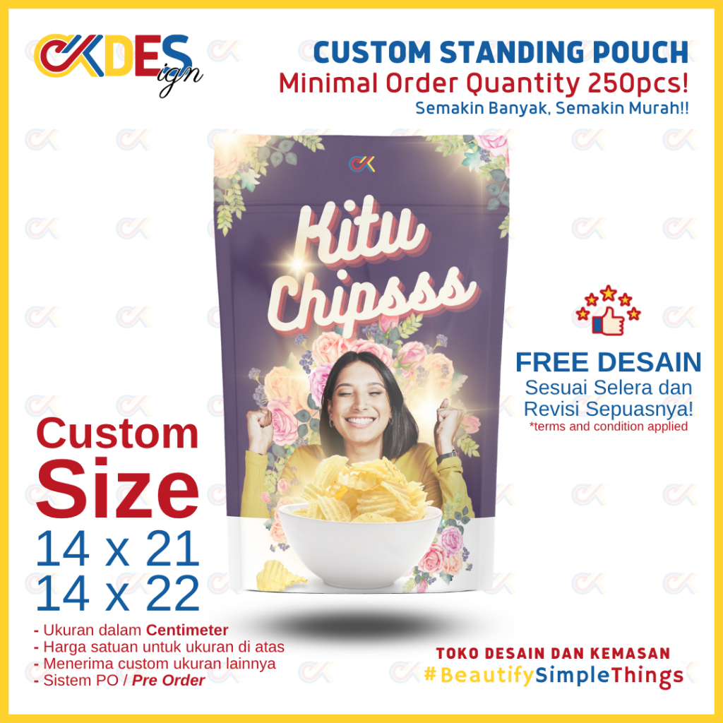 Kemasan Standing Pouch Custom Full Printing FREE Design Uk. 14x21cm