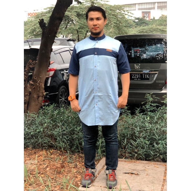 Koko Pria Dewasa Tangan Pendek Katun Madina/Kurta Strip Baju Koko Pria Lengan Pendek Dewasa Kombinasi Original Al Muslim Katun Madinah/Koko Pria Lengan Pendek