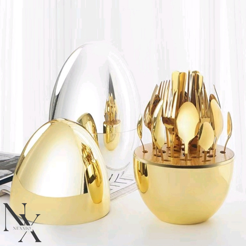 NEXXIO Egg Spoon Gold / sendok emas telor / Sendok Sultan Gold / cutlery set / Peralatan Makan Gold Silver /sendok gold / Sendok makan pakai tutup / sendok emas viral / telor emas