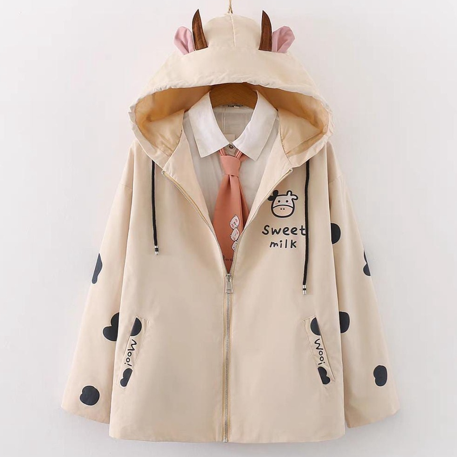 SWEET MILK COW ZIPPER JACKET HOODIE TOPI TELINGA LUCU (PH)