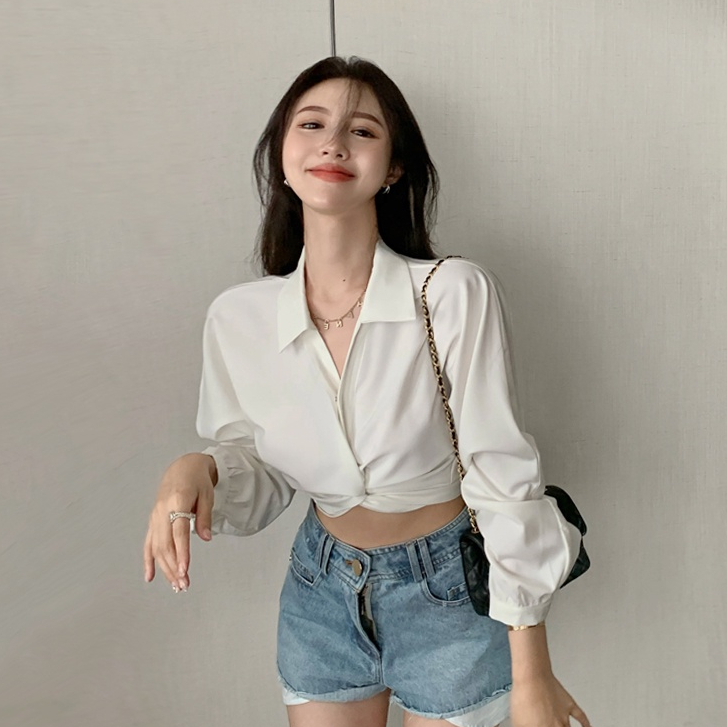 baju atasan wanita korean style/lengan panjang baju tunik atasan wanita kekinian import crop blouse