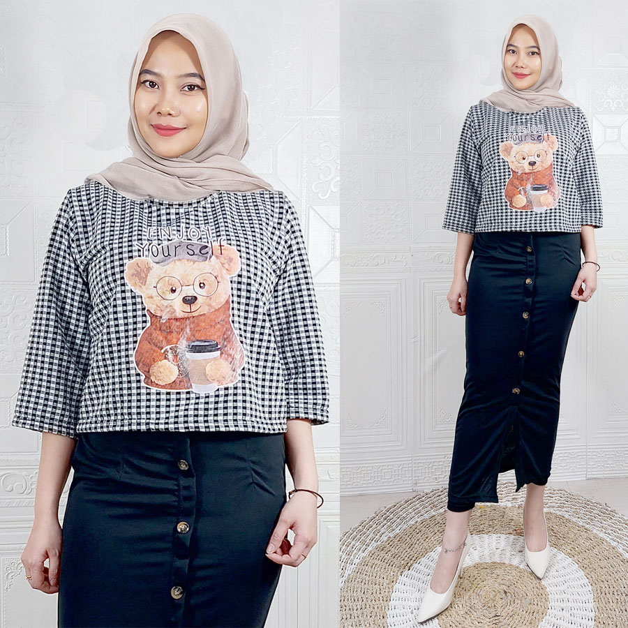 CARLINA FASHION MELOVA TEDDY SETELAN BAJU KOTAK DAN ROK SPAN WANITA