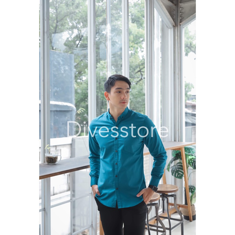 Kemeja Pria Cowok Polos Tangan Lengan Panjang HeM  Slimfit Casual Kantoran Premium Hitam Navy Putih