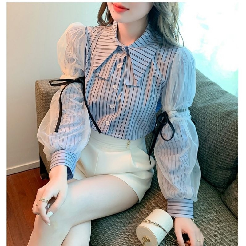 MDLV ~ 7899# Lenitta Cropped Striped Shirt Atasan Korea Import