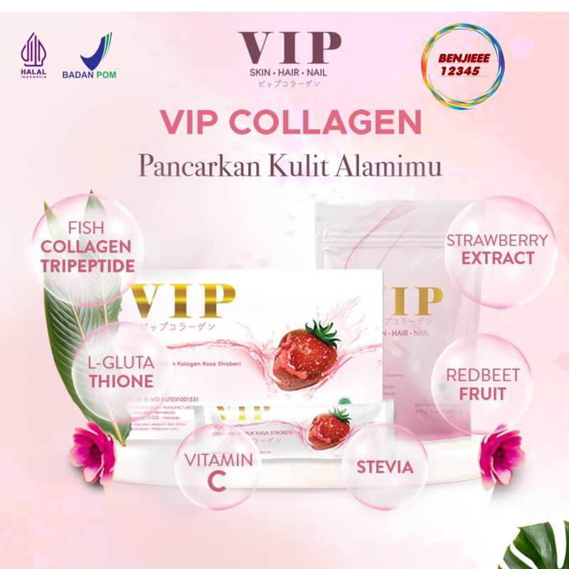 VIP Collagen BOX 20 SACHET minuman kolagen pemutih kulit badan tripeptide skin hair nail glowing strawberry box 20 sachet vip VIPCollagen original BPOM Halal