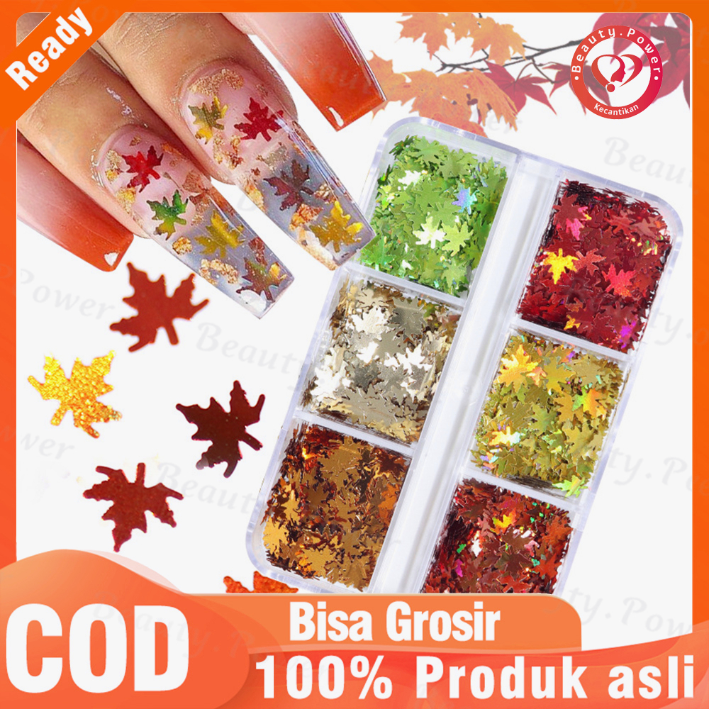 6 Grid / Kotak Payet Glitter Laser Bentuk Daun Maple 6 Sekat Untuk Dekorasi Nail Art 3d