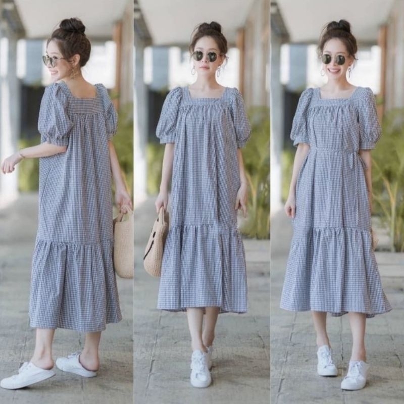 DIAH Dress Jumbo Bahan Katun Jepang Motif Kotak Kotak - Baru Murah Berkualitas Gaun Maxi Lengan Pend