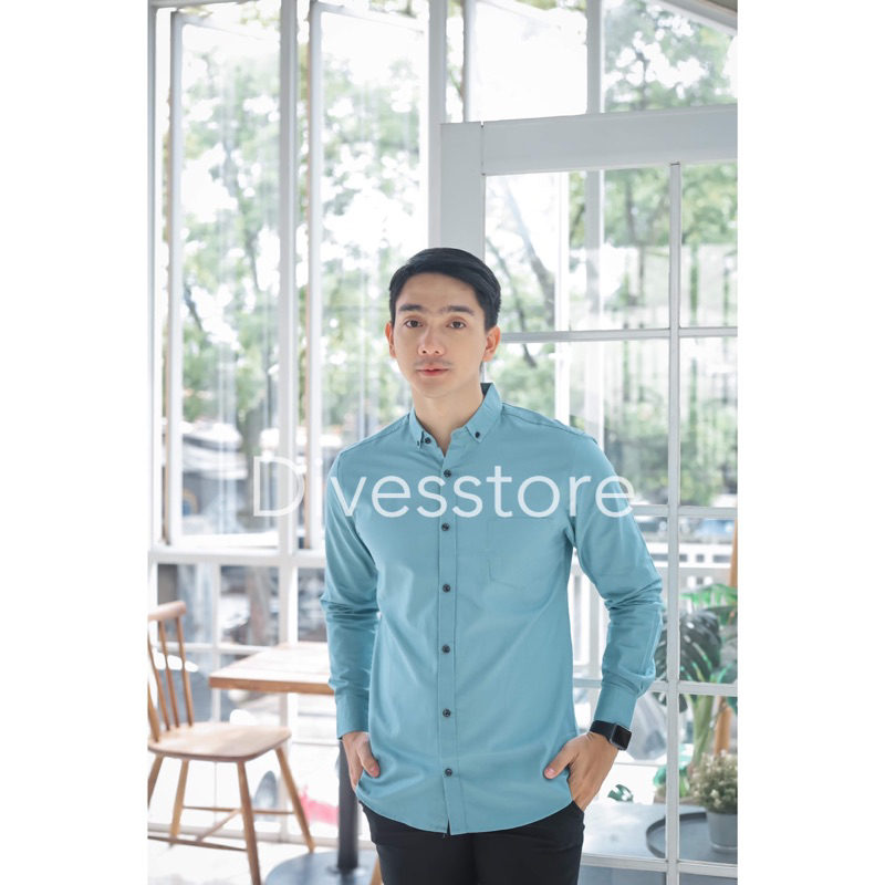 Kemeja pria cowok polos slimfit kasual basic HeM lengan panjang biru mint