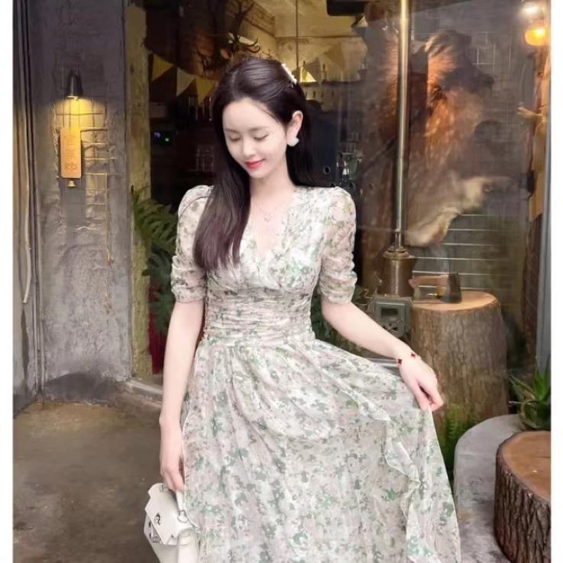 Dress Slim Waist Green Flower Dress M323