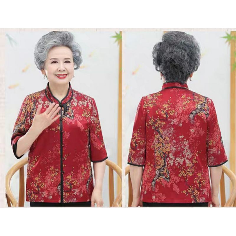 0108 / atasan wanita impor baju hari raya wanita impor lengan pendek warna merah motif bunga-bunga C