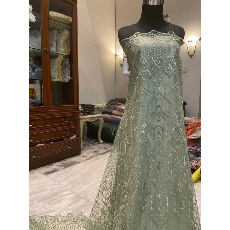 Kain Bahan Kebaya Gaun Pengantin Brokat Brukat Tile Bordir Etnik Madeline Warna Hijau Sage Green