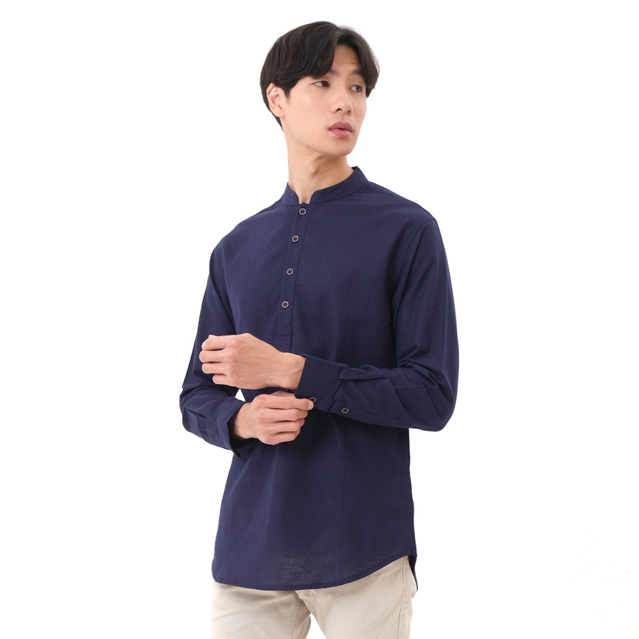 SANVANINA Kemeja Lengan Panjang Pria Kerah Shanghai Slim Fit Koko Navy  E-1411G