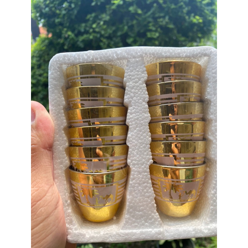 Gelas Air Zamzam Gold Cangkir Kaca Set 12 Pcs Gelas Cucing Arab Premium untuk Oleh Oleh Haji dan Umr