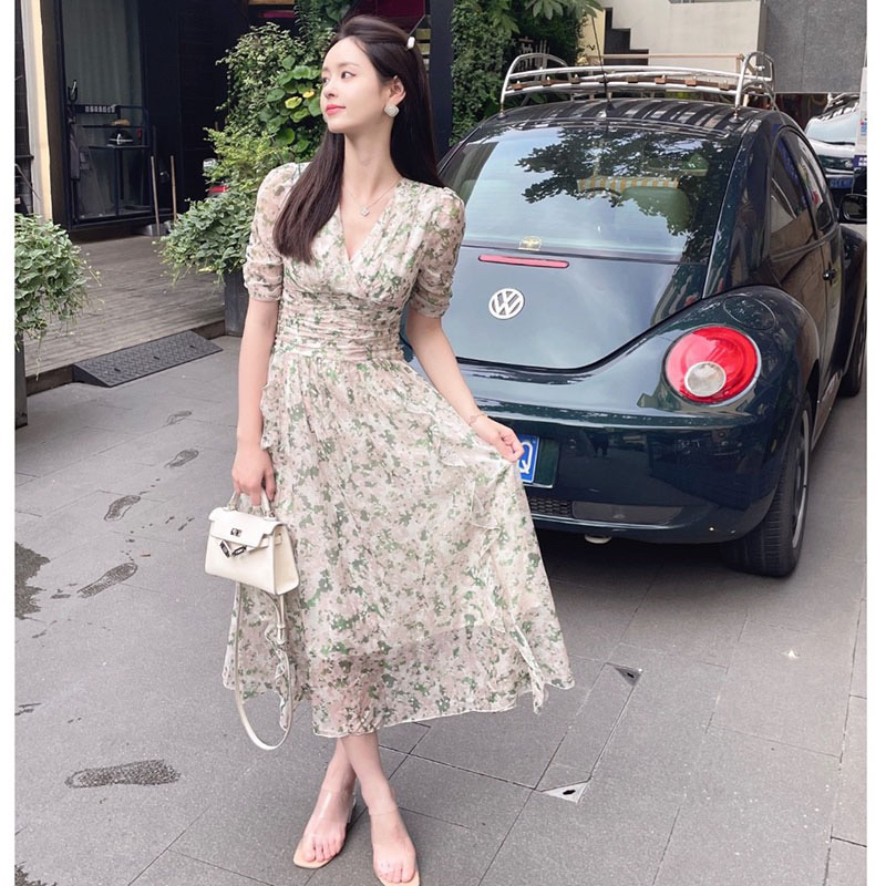 Dress Slim Waist Green Flower Dress M323