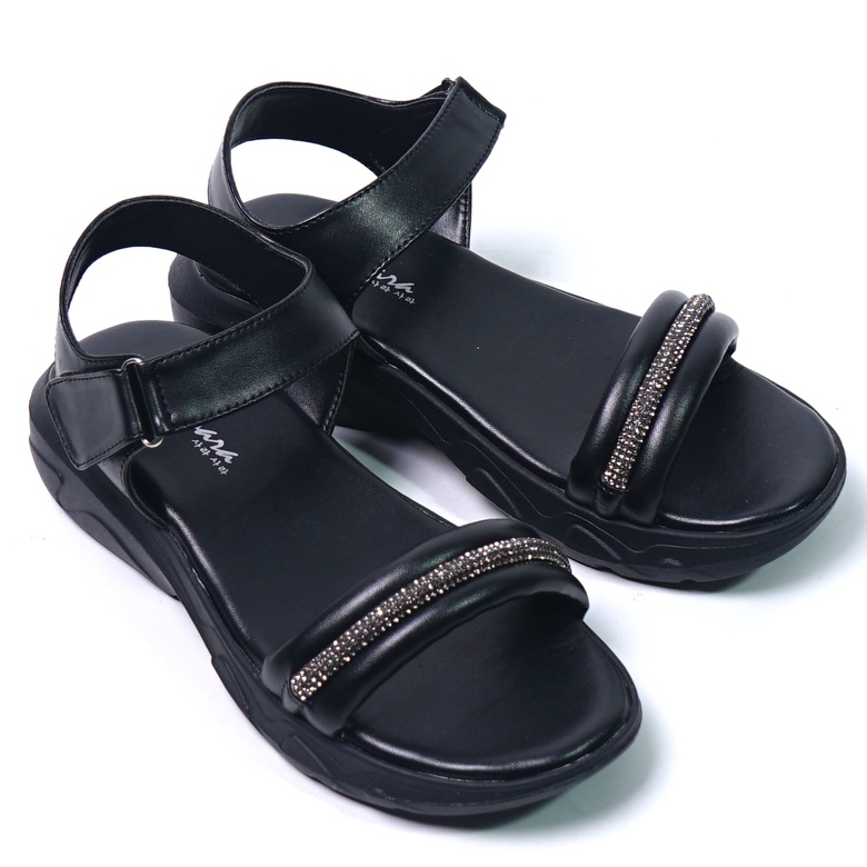 SARASARA YUK - MAYA Sepatu Sandal Wanita Size 36 - 40 Sendal Wedges Sara Model Blink Tali Strap Belakang Hak Tinggi Sole 4cm Sandal Gunung Velcro 37 38 39 Warna Hitam Black Belleza Kekinian Premium Terbaru Shoes Ori Original Mall Official Store