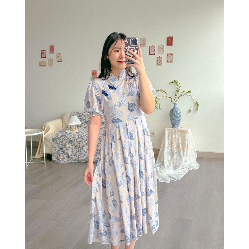 KANON - Hua Qipao Dress - Dress imlek rayon qipao modern midi motif bunga