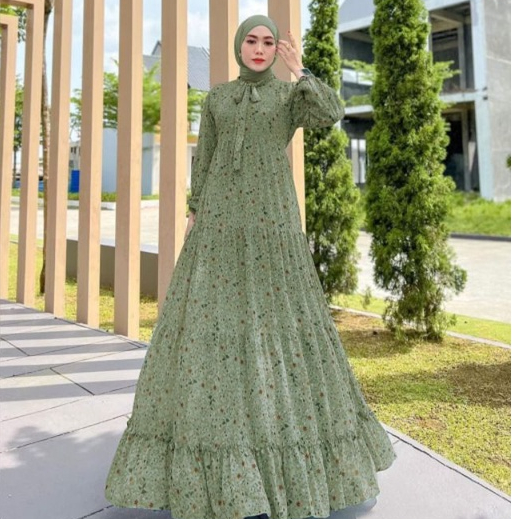 Dress Premium Idul Fitri Hijau Mint Susun Jumbo Simpel Kasual Elegan Terbaru 2023