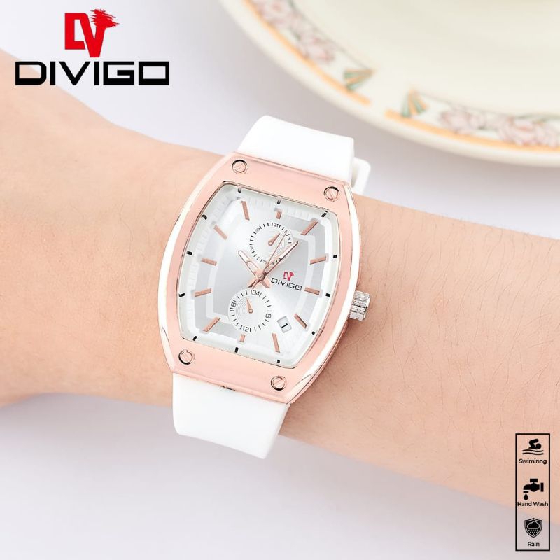 (Cod)Jam Tangan Wanita Fashion Divigo Oval Crono Variasi Tanggal Aktif Strap Rubber/Karet(Dikirim Jakarta)