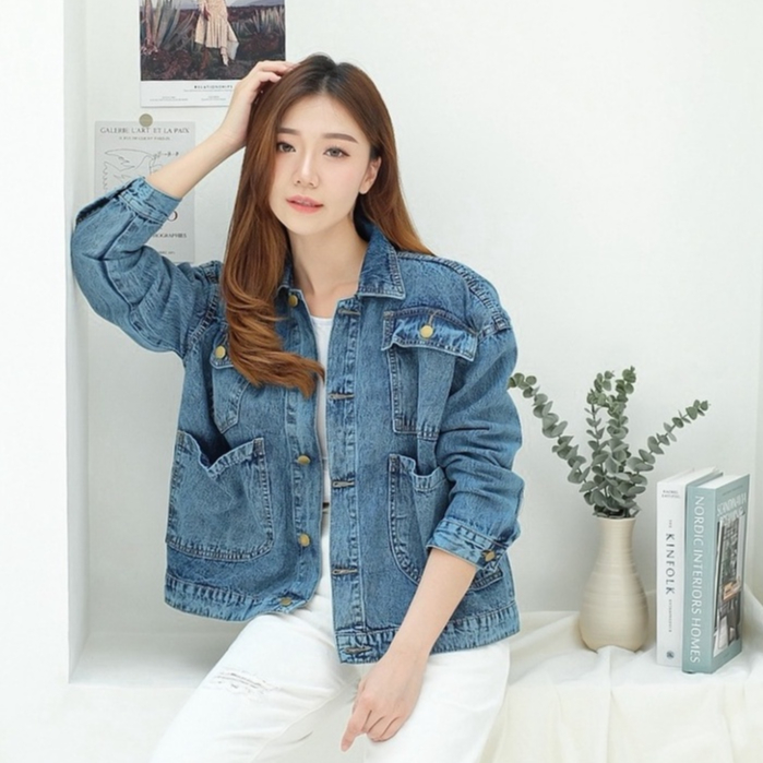 Jaket Jeans Wanita Kekinian 4 Kantong Depan Oversize Jaket Jeans Barsha HOPYLOVY