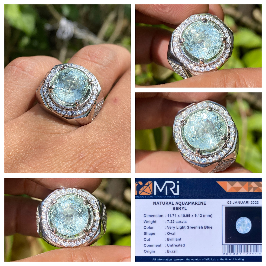 Natural 7.22ct Light Greenish Blue Aquamarine Ring Perak