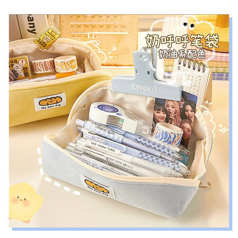 KENSHO Kotak Pensil Sleting Roti Lucu Bahan Corduroy Ada Handle Motif Polos Plaid Warna Pastel / Pencil Case / Zipper