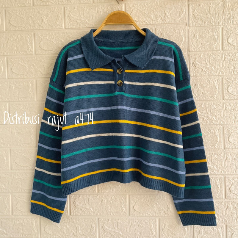 PEPONI Sweater Rajut Oversize Kerah Polo Kancing Stripe Premium Korean