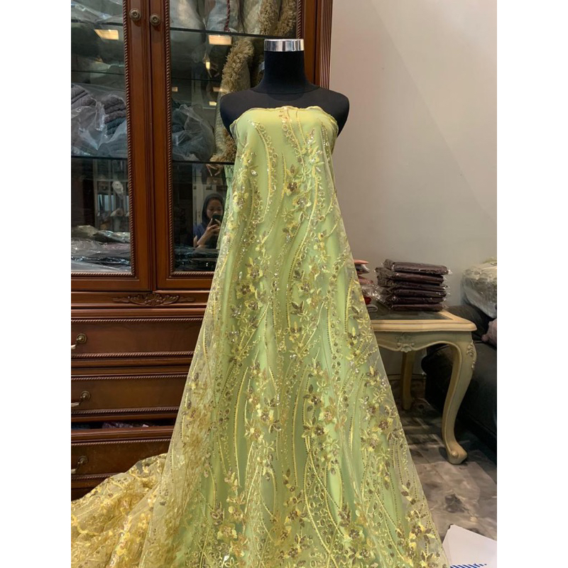 Bahan Kebaya Brukat Tile Tulle Bordir Payet Elizabeth 3 Warna Kuning Lemon Hijau Lime