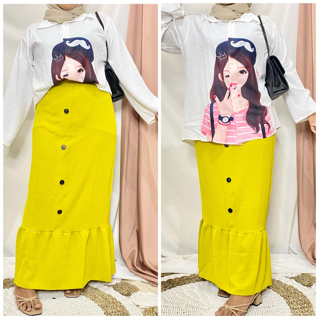 ONESET ROK MODEL MERMAID/DUYUNG/SETELAN CRINKLE KARAKTER PRINTING