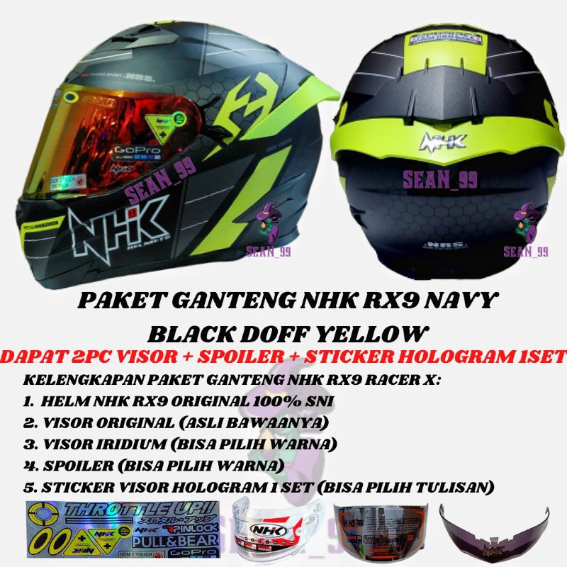 HELM NHK RX9 NAVY NHK RACER X NINE NAVY BLACK DOFF YELLOW DOUBLE VISOR FULL FACE ORIGINAL SNI ( PAKE