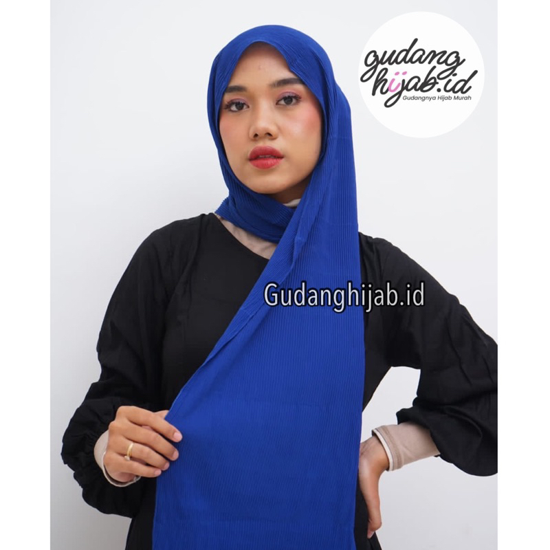 Pashmina Plisket Biru Bca Premium || Pashmina Biru Elektrik Plisket Biru Elektrik || Hijab Pegawai B