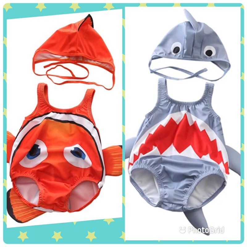 SET Baju Renang Anak 2 in 1 FREE Topi Bahan Premium kualitas Impor Gambar Nemo dan Shark Lucu Baju Renang anak Murah Baju Berenang Anak Bagus Baju Bikini Anak Lucu