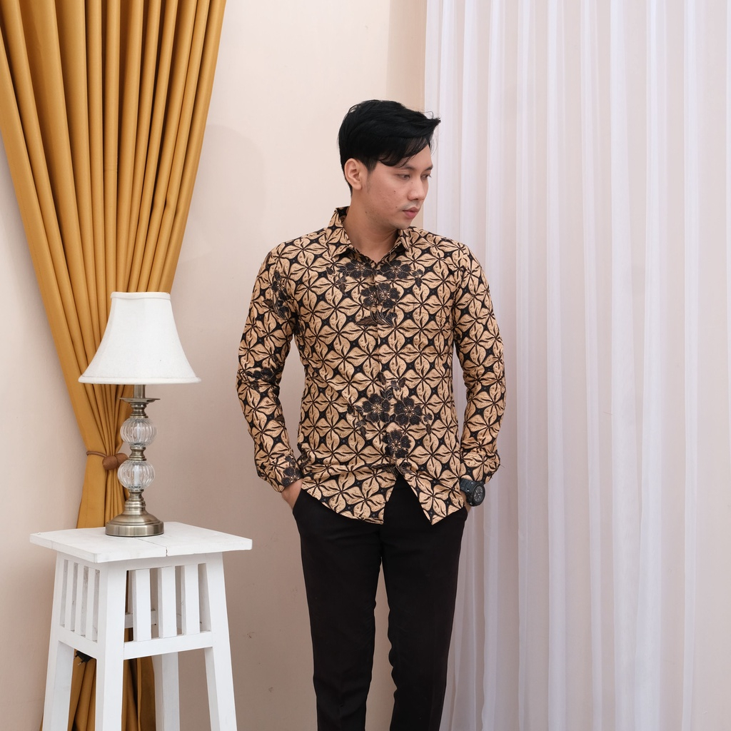 BAJU BATIK PRIA LENGAN PANJANG SLIM FIT PREMIUM FURING ADEM MODERN KEMEJA CASUAL FORMAL S M L XL XXL ACARA KONDANGAN KJ 04