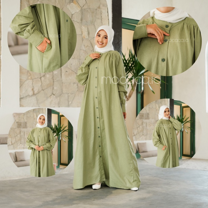 Dress Green Hijau Sage Elegan Ootd Hijabers bahan katun linen rami lengan kancing casual klasik dovey