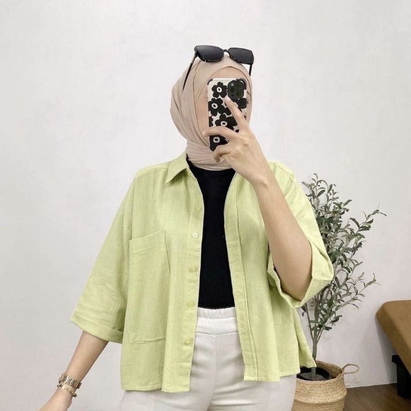 Ramona Atasan Blouse Kemeja Wanita Linen Crinkle Oversize