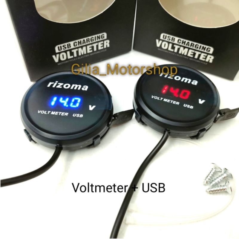 Voltmeter bulat rizoma plus USB nyala LED biru merah Universal Motor