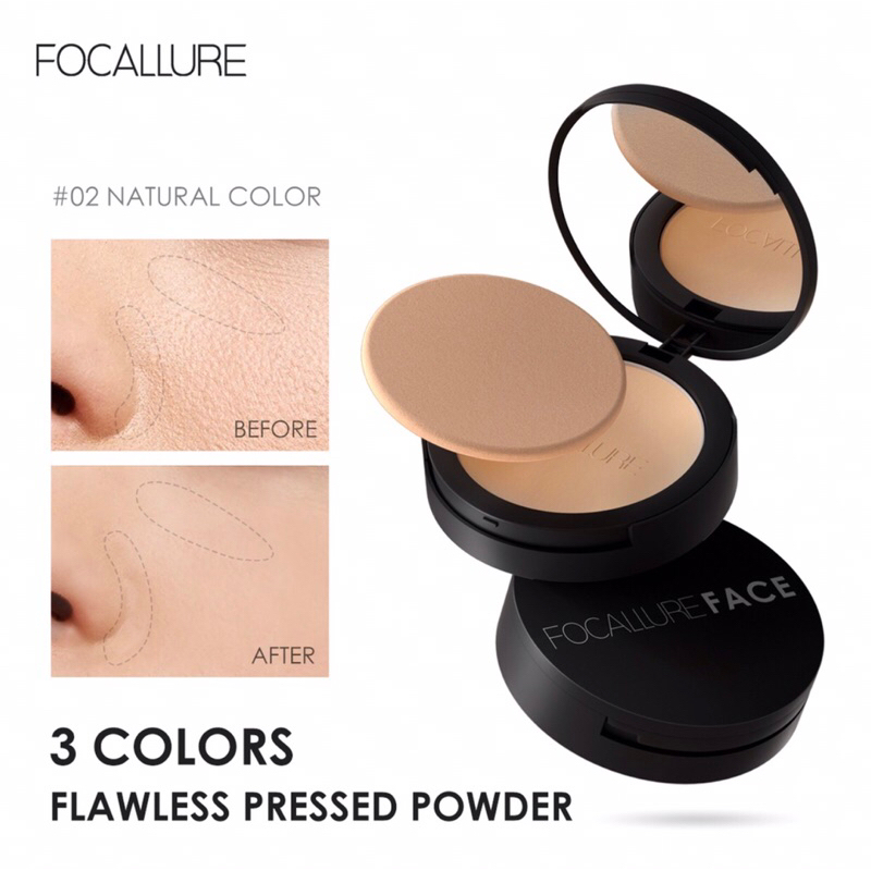 FOCALLURE Oil-control Pressed Powder With Sponge Matte Bedak Padat 3 Colours