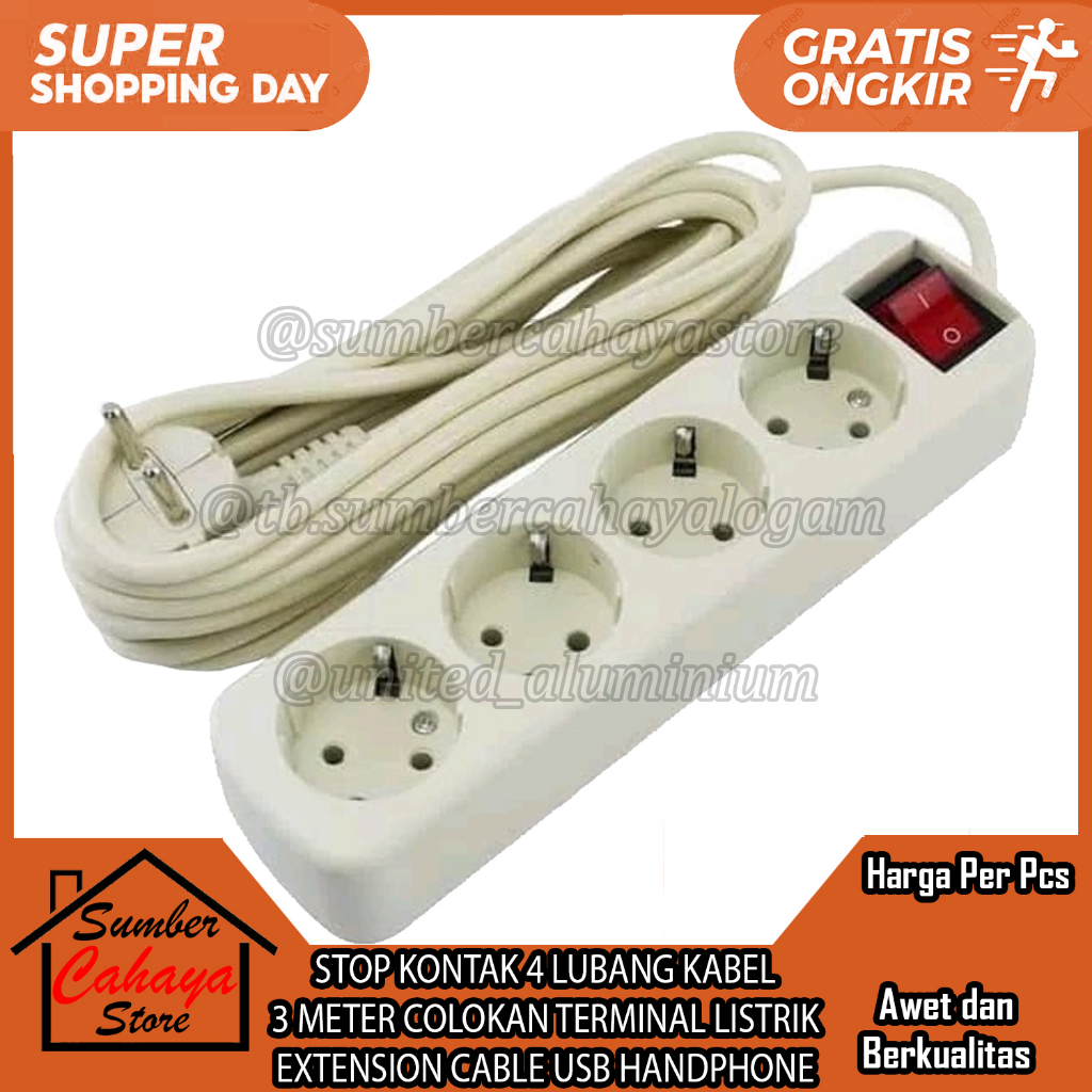 STOP KONTAK KABEL 4 LUBANG PANJANG 3 METER SNI KABLE COLOKAN LISTRIK SAKLAR TOMBOL ON OFF STOPCONTAC