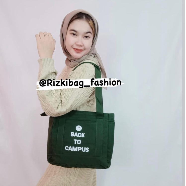 Totebag Wanita Kanvas Aesthestic Resleting Back To Campus Kuliah