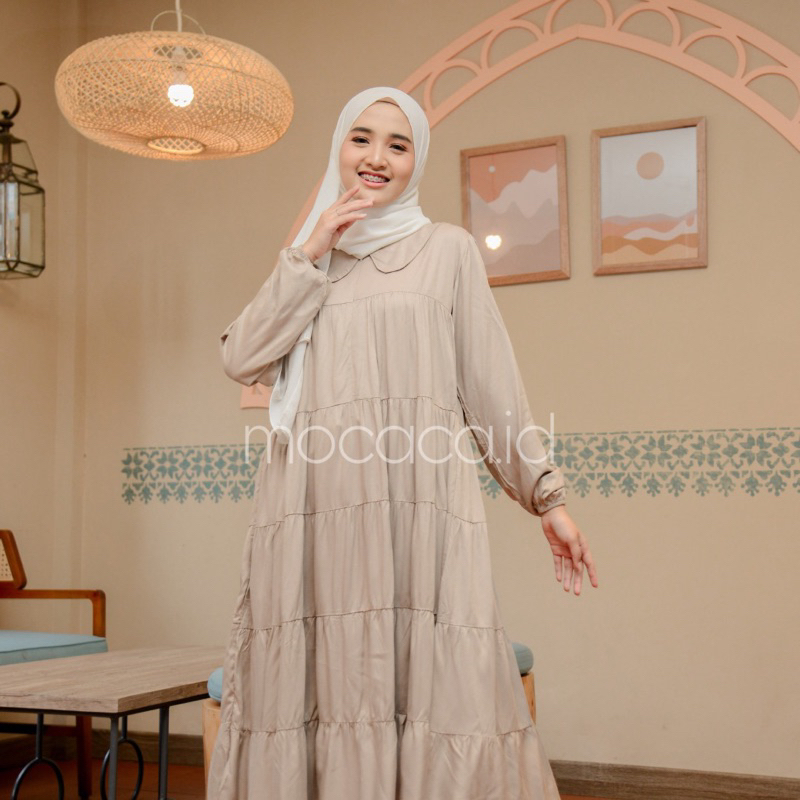 Midi Dress 5 Susun Busui Kerah Collar - beige cream