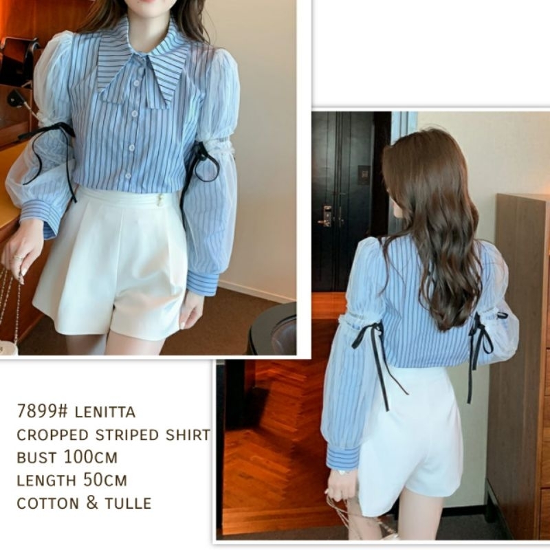 MDLV ~ 7899# Lenitta Cropped Striped Shirt Atasan Korea Import