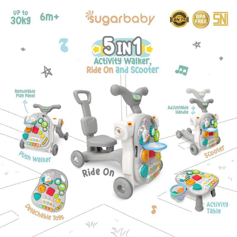 SUGAR BABY 5in1 Activity Walker, Ride-On and Scooter/ Push walker / Activity walker/Baby walker