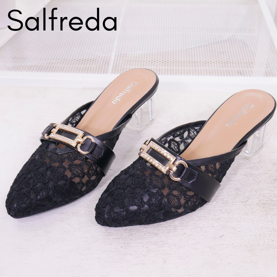 Sendal Slop Kekinian Wanita Brukat Burkat Sandal Sepatu Pesta Wedding Pernikahan Tumit Hak Kaca 5 cm Clovers Wanita Terkini Promo DV70002