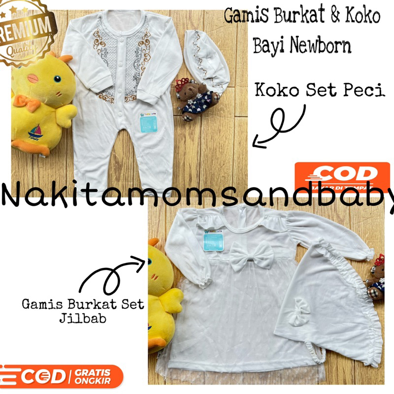 Gamis Burkat Set Jilbab dan Koko Jumper Set peci Baru Lahir Aqiqah Muslim edisi lebaran Promo 8.8