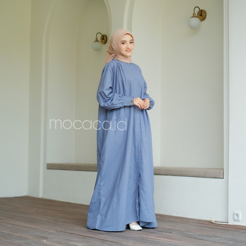 Dress gamis blue denim biru Elegan Ootd Hijabers bahan katun linen rami lengan kancing casual klasik dovey