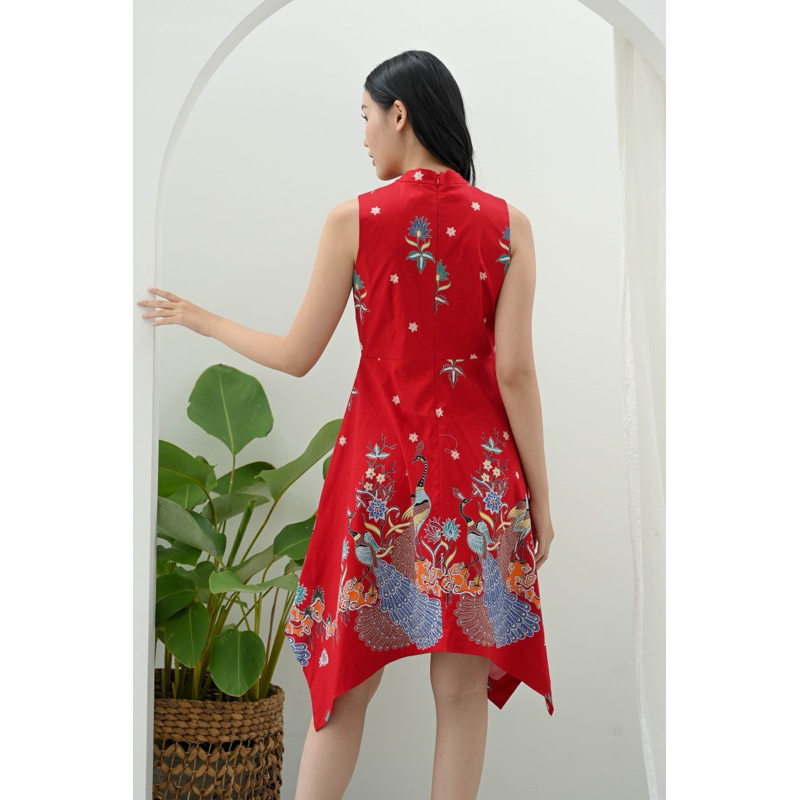 Dress batik wanita asimetris tanpa lengan / dress pesta batik wanita merah / dress CNY 3310 311