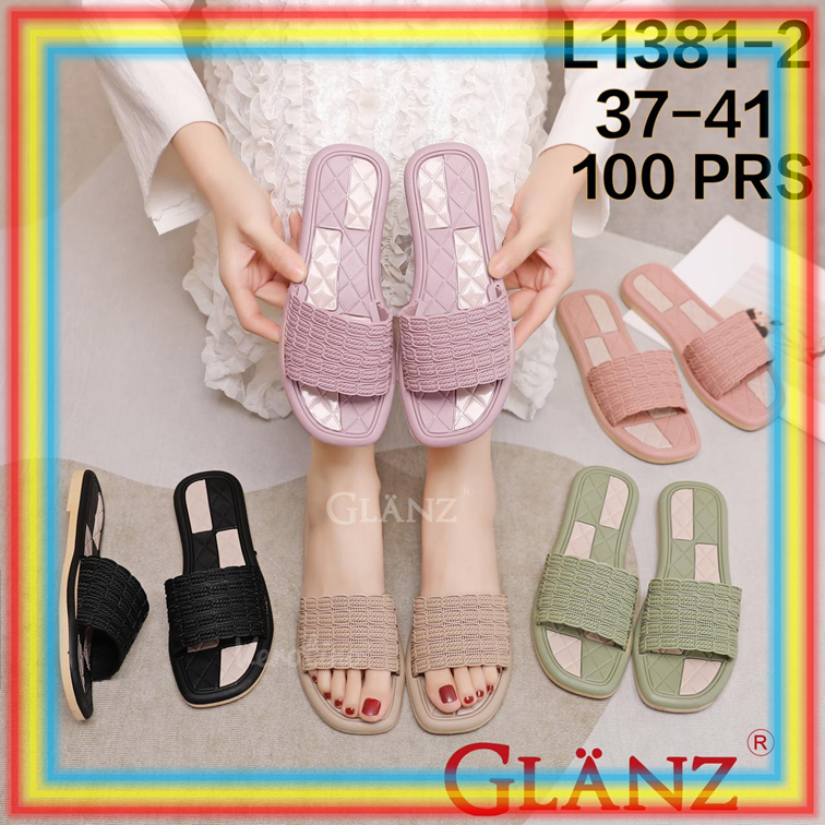 L1381-2 Sandal Slop Karet Wanita Motif Tali Rajut Kotak-Kotak Glanzton