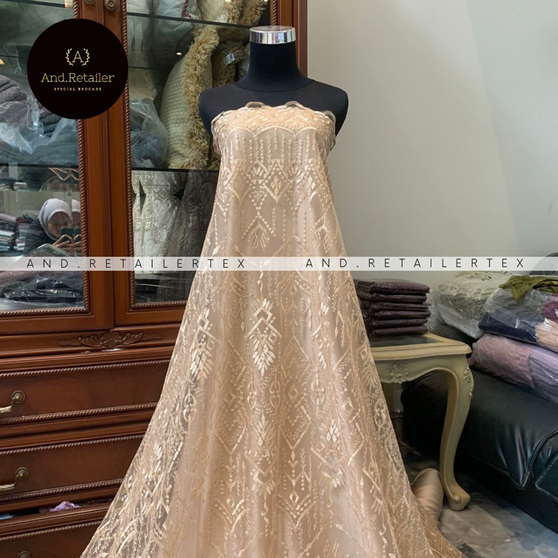 Bahan Kain Kebaya Brokat Tile Bordir Etnic Madeline Warna Gold/Golden Brown