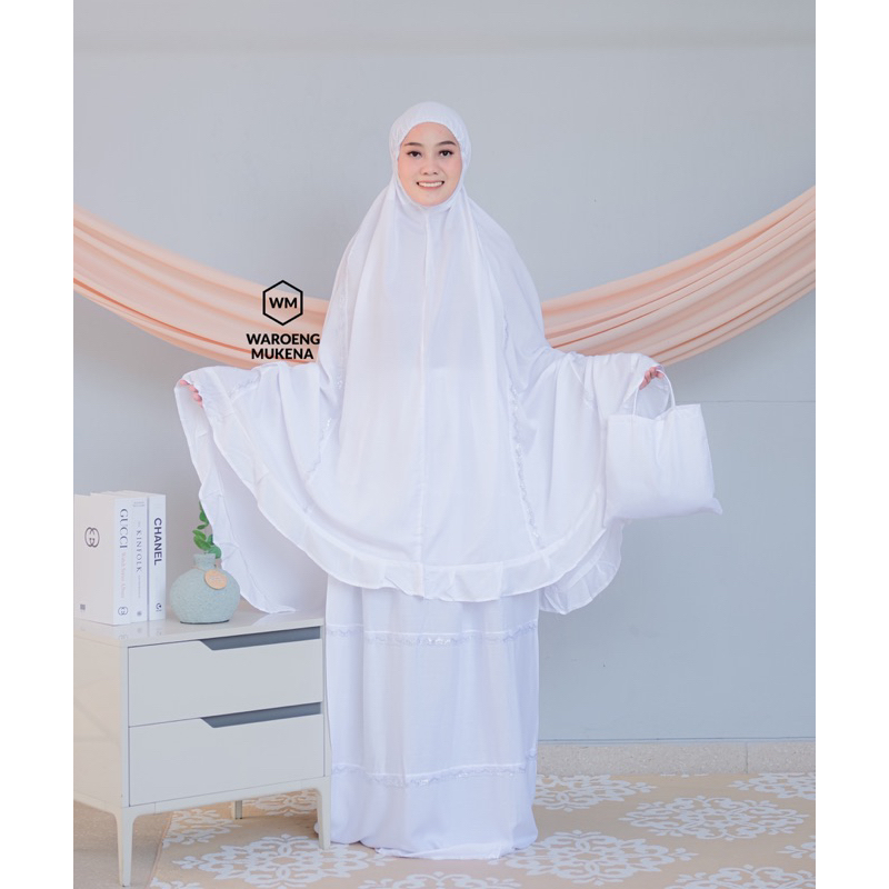 MUKENA SETELAN PUTIH POLOS DEWASA RENDA BAHAN KATUN RAYON DINGIN//BISA COD