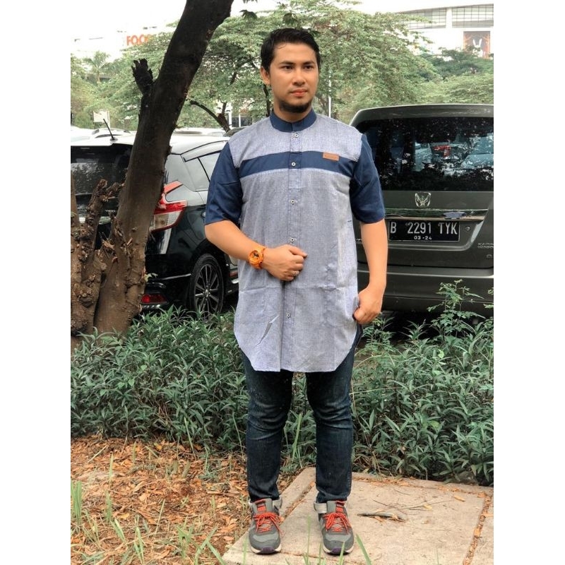 Koko Pria Dewasa Tangan Pendek Katun Madina/Kurta Strip Baju Koko Pria Lengan Pendek Dewasa Kombinasi Original Al Muslim Katun Madinah/Koko Pria Lengan Pendek