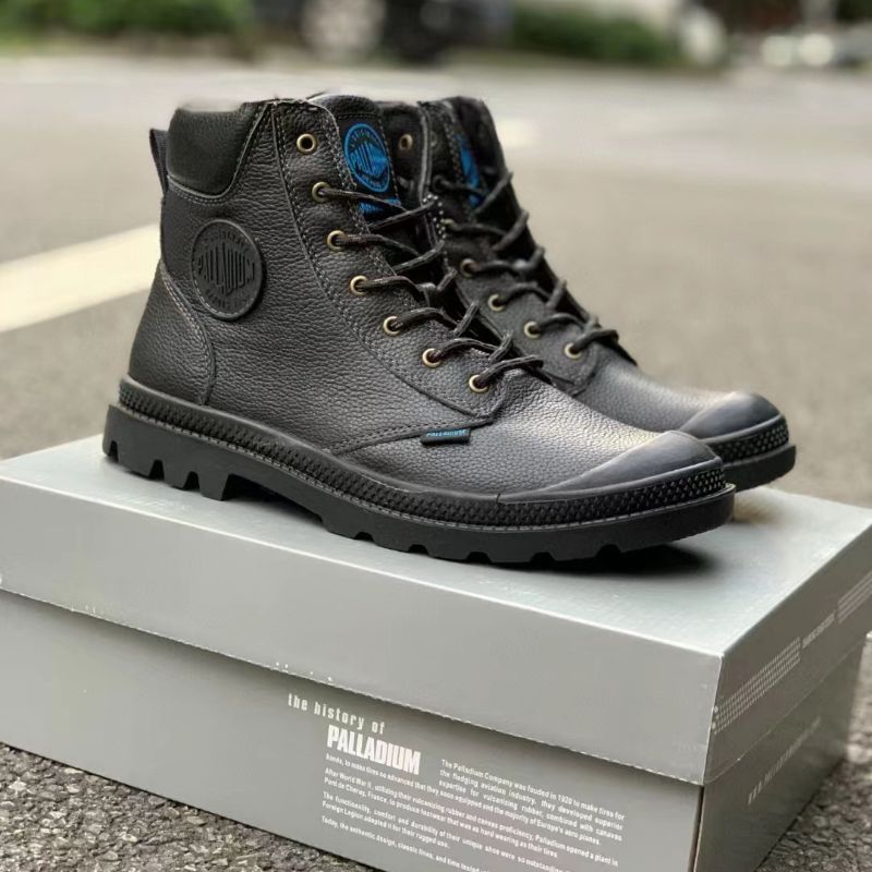 (New)Sepatu Pria Palladium Pampa Cuff WP Lux Boots Rain style Black Milled Genuine Leather Waterproo